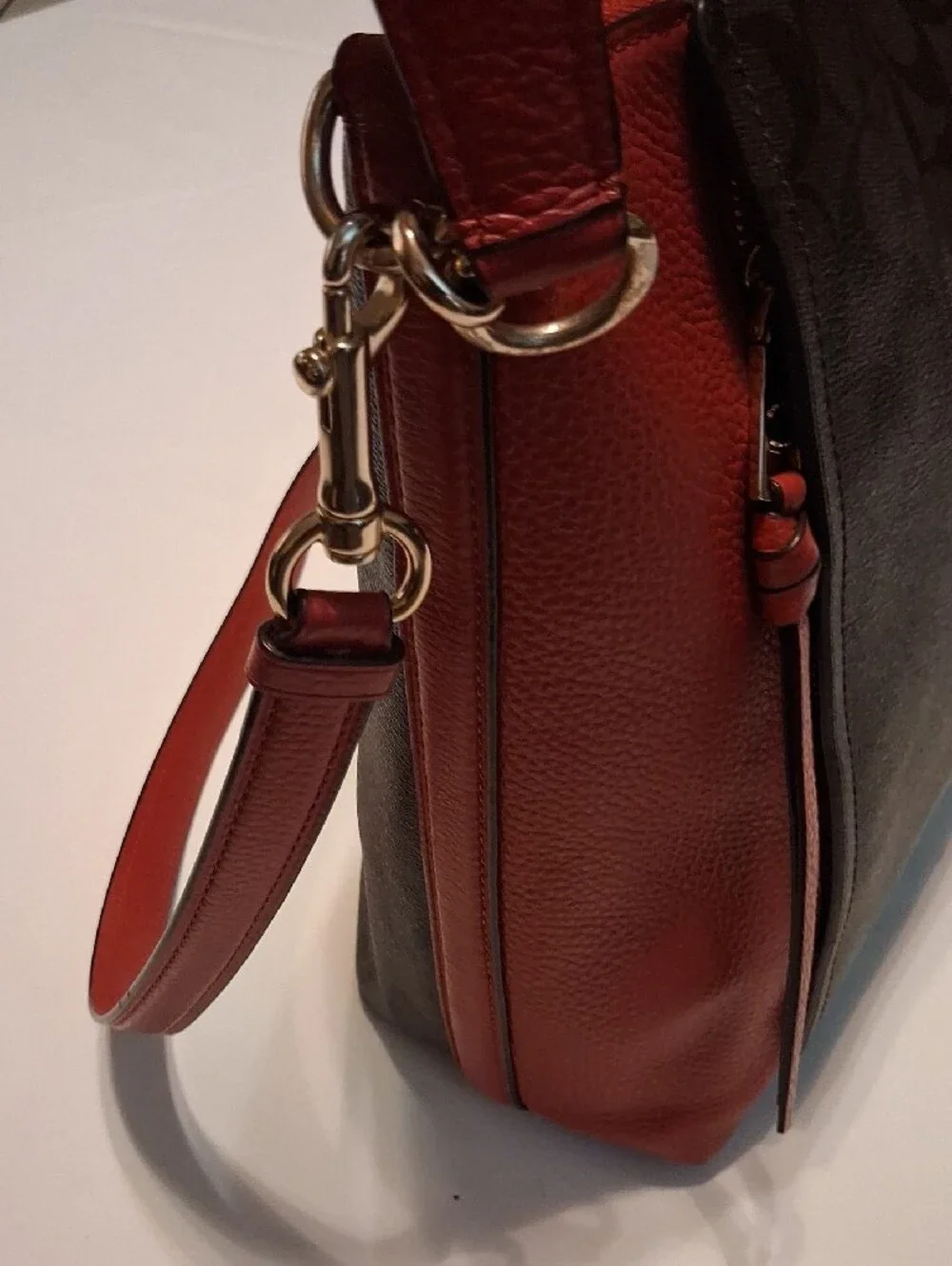 Coach Brown Signature Canvas Shoulder Bag with Red Leather Trim Gold tone logo